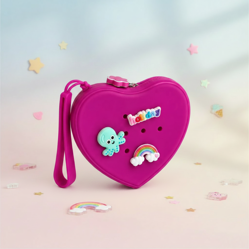 Fuschia heart-shaped silicone purse on a soft pastel background