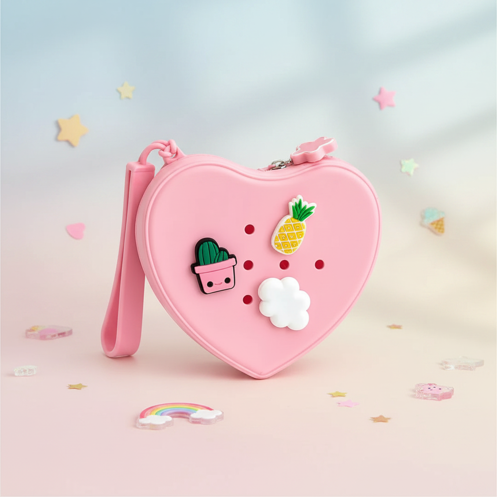 Pink heart-shaped silicone purse on a soft pastel background