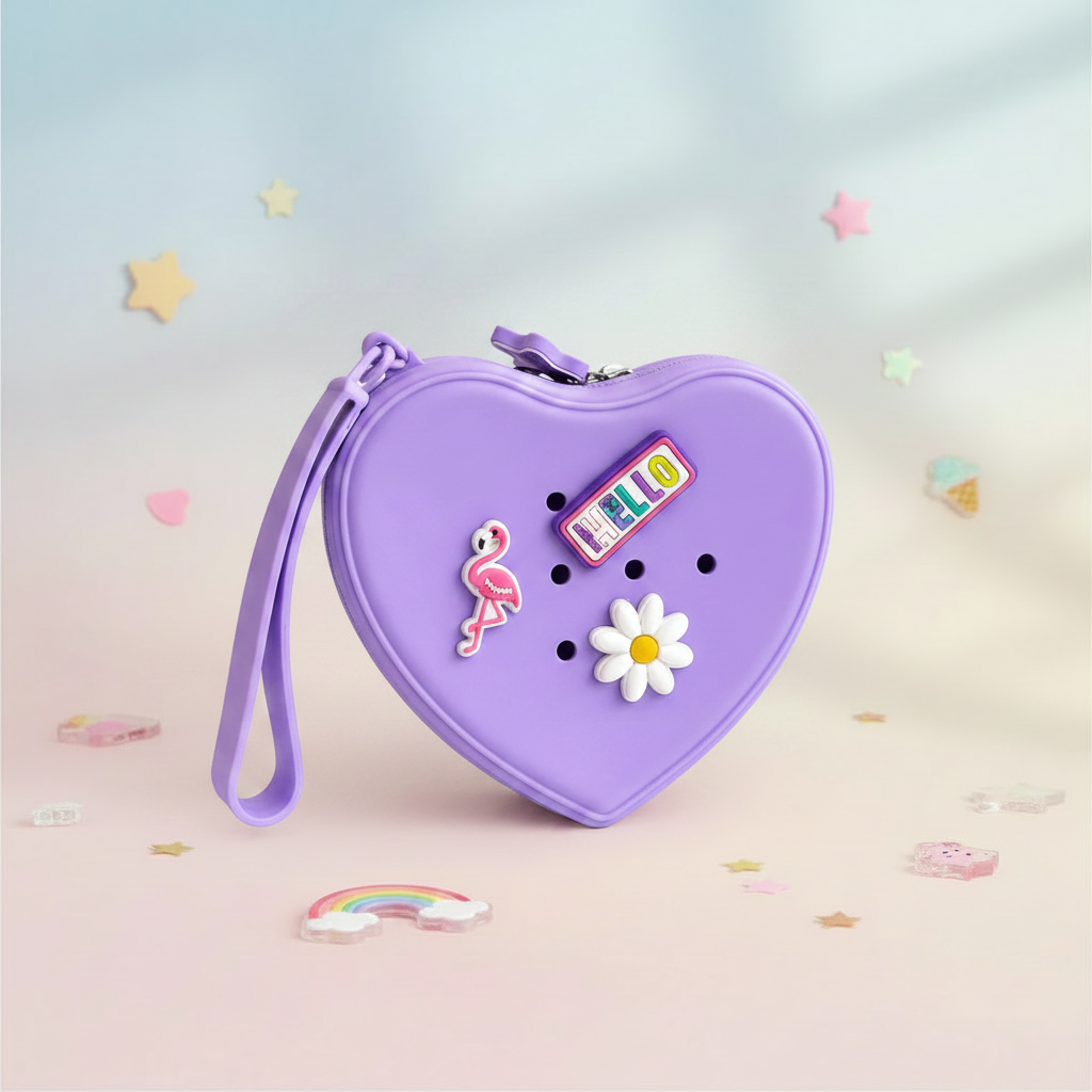 Lilac heart-shaped silicone purse on a soft pastel background
